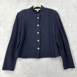 St John Santana Cable Knit Blazer Jacket 12 Navy Blue Gold Button Ribbed Sweater